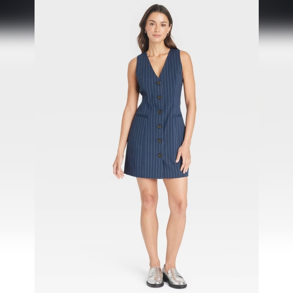 Women's Tailored Mini Vest Dress - A New Day Navy Pinstripe XL